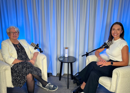 Anne and Renee Podcast sitting newsletter image